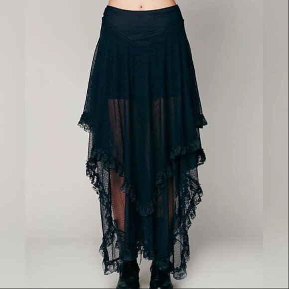 Free People Dresses & Skirts - Free People Spanish Court Lace Mesh Dot Tiered Gothic Maxi Skirt Black